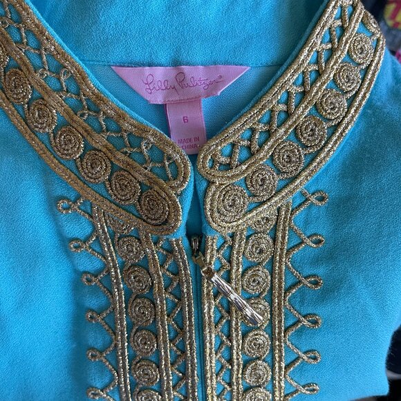 Lilly Pulitzer IBIZA BLUE JANE SHIFT DRESS Gold Braid Nehru Sleeveless Dress Sz6 - Picture 12 of 12